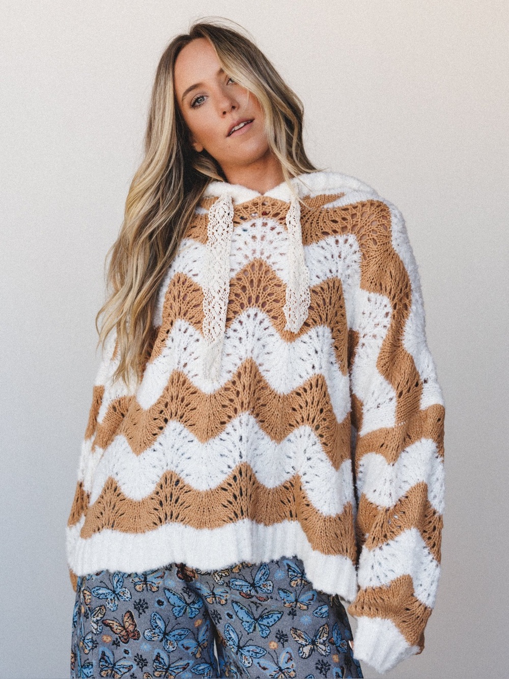 POL | Chevron Knit Hooded Sweater in Cream & Brown Sz M